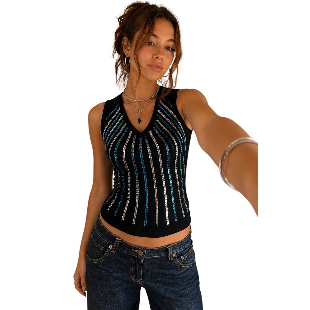 Eastside Westside Halter Top Women‎ Medium Black Sequin V-Neck Knit Excellent